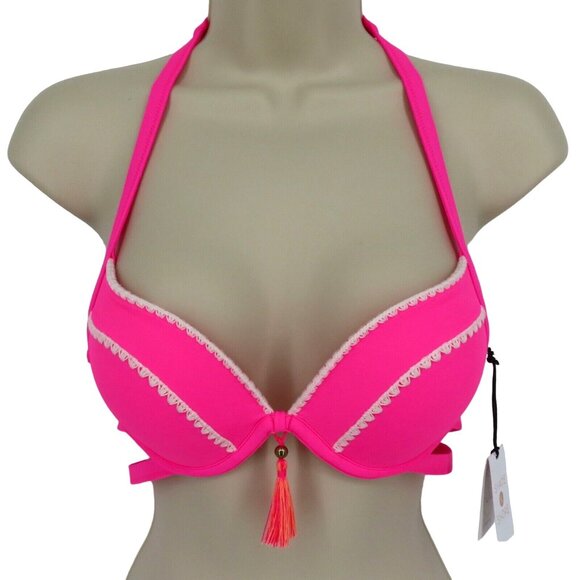 Shade & Shore Other - Shade & Shore Womens 34B Neon Pink Embroidered Trim Tassel Halter Bikini Top NEW